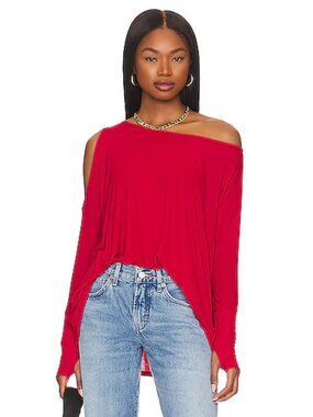 MICHAEL LAUREN Deuce Red Jersey Oversized Cold Shoulder Long Sleeve Tee, Size M
